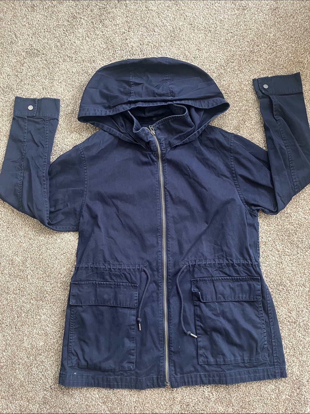 Navy Hooded Utility Jacket - Classic Zip Front